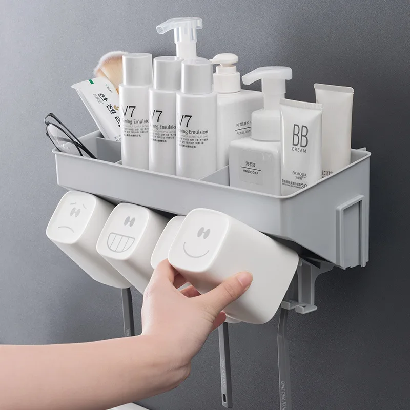 

Bathroom Storage Box Plastic Suction Toothbrush Holder Cup Wall Mount Organizer Shower Kitchen Household Practical Tools