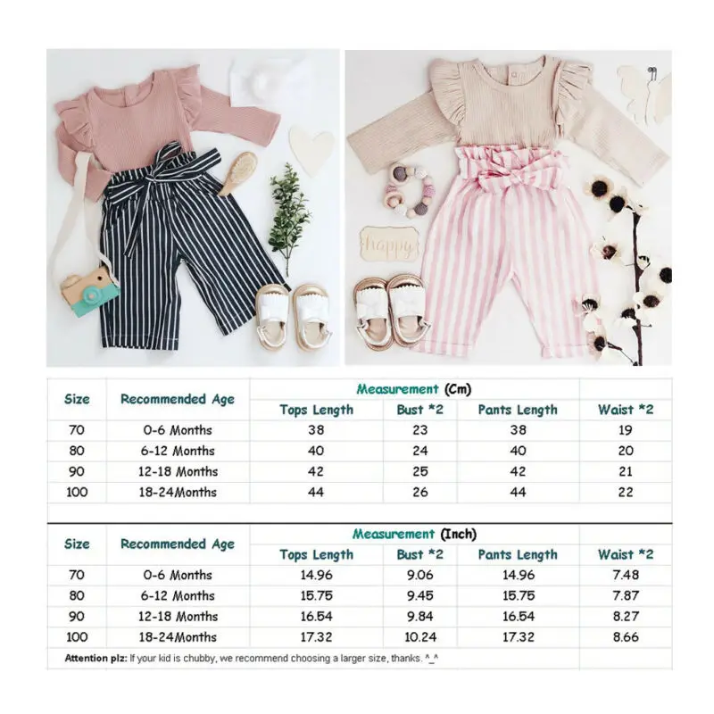 Cute Newborn Infant Baby Girl Sweet Outfit Clothes Ruffle Long Sleeve Romper Bow Tie Striped Pants Trousers Clothes Set