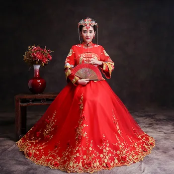 

Bride Cheongsam Vintage Chinese Style Wedding Dress Retro Toast Clothing Lady Embroidery Phoenix Gown Marriage Qipao red Clothes