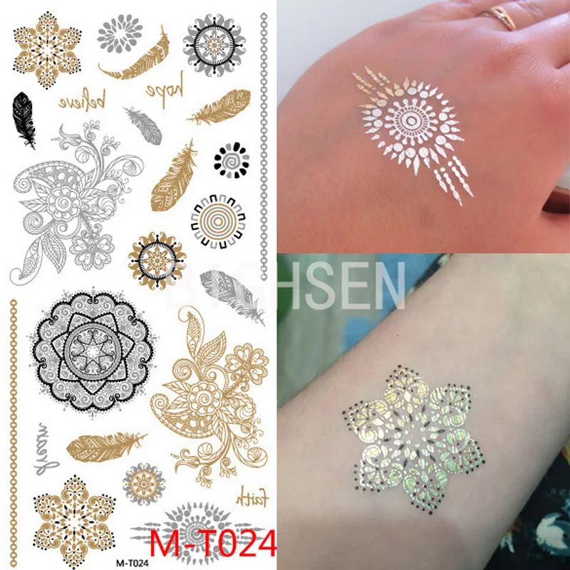 Flower Gold Tattoo Golden Flash Tattoos Feather Bracelet Fake Tattoo