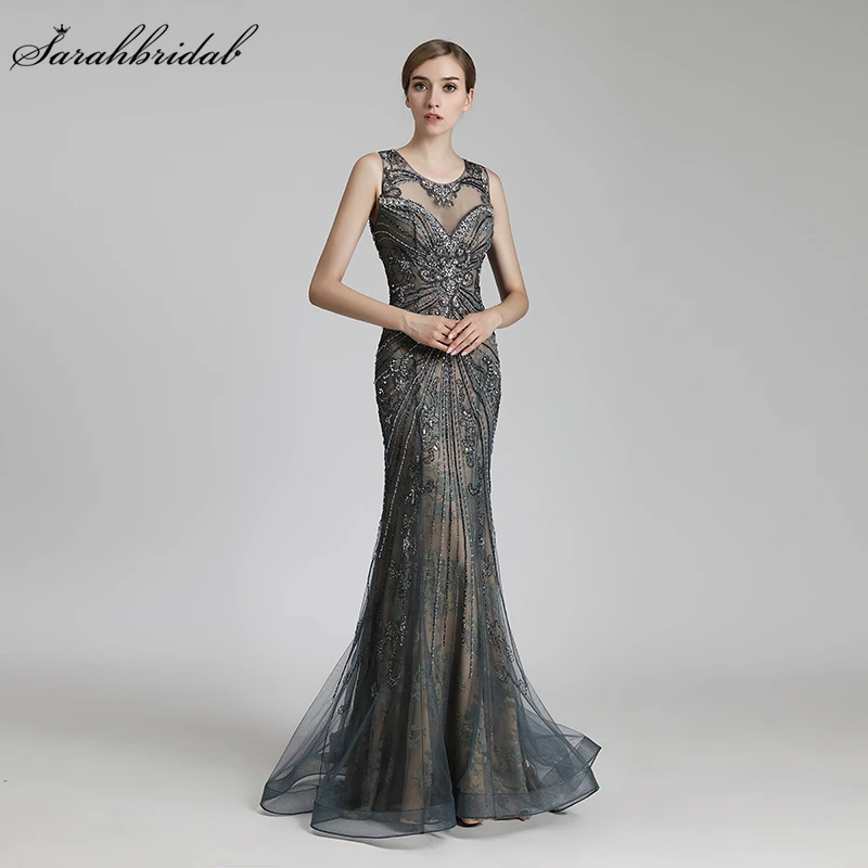 Robe De Soiree Новое сексуальное Русалка официальное длинное вечернее платье Зеленый Пол Длина Тюль, расшитый кристаллами и бисером реальные фотографии платья LSX429