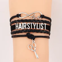 Прямая поставка, бесконечность любовь HAIRSTYLIST браслеты и браслеты Ножницы Шарм плетеный кожаный браслет обертывание ювелирные изделия для барберов