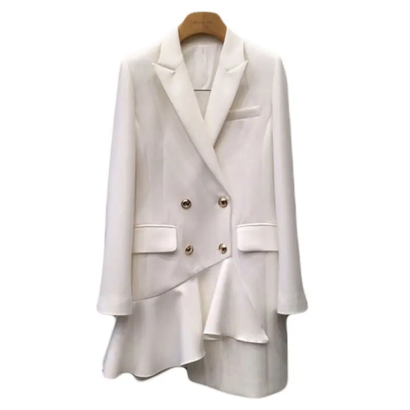 

LANMREM 2019 new spring and summer turn-down collar full sleeves double breasted asymmetrical ruffles jacket female WF56701L