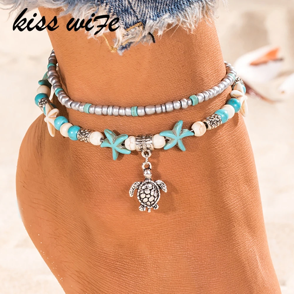 

KISSWIFE New Fashion Retro Bohemia Round Rune Starfish Anklet Beach Feet Jewelry Simple Pull Beads Bobo Anklet Bracelet For Wom