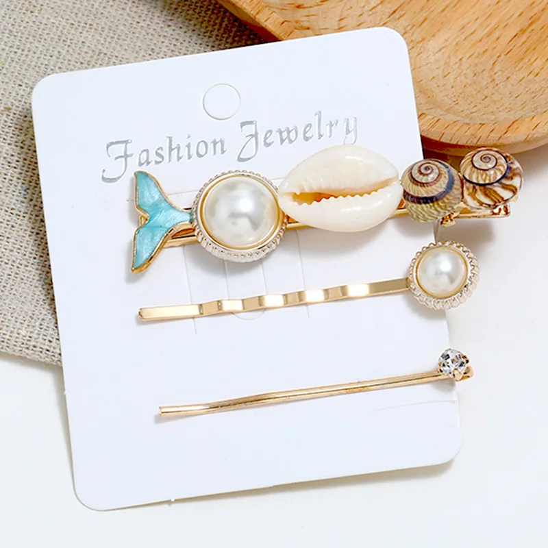 Ins заколка из натуральной раковины, женские Украшения для волос, богемный стиль, рыбий хвост, имитация жемчуга, золотые заколки для волос, винтажные аксессуары для волос