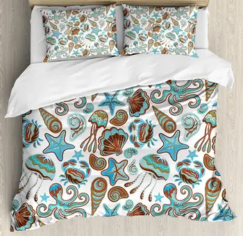 

Crabs Decor Duvet Cover Set Illustration of Sea Life Crabs Octopus Shells Starfish and Medusa Print 4 Piece Bedding Set