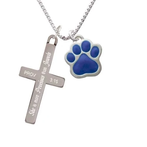 Large Royal Blue Paw - She is More Precious - Cross Necklace (1)
