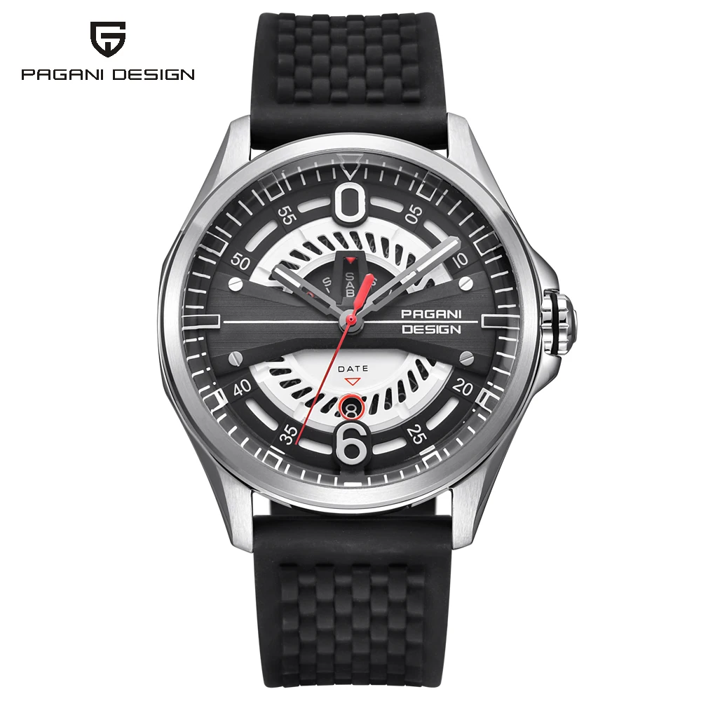 PAGANI Дизайн брендовые модные серебряные мужские часы с скелетом циферблат японские кварцевые часы силиконовый ремешок наручные часы дропшиппинг - Цвет: white red B
