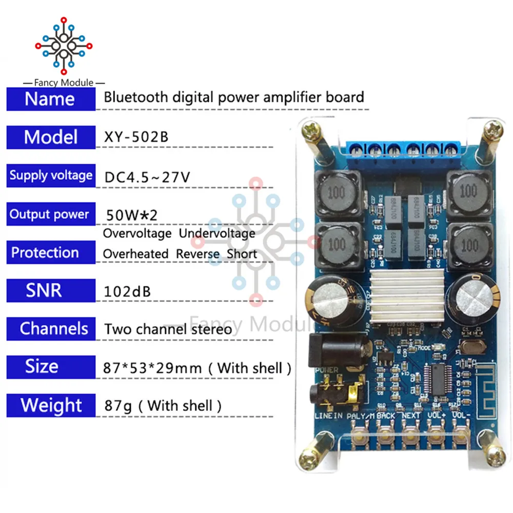 

DC 4.7 -27 V Bluetooth Digital Amplifier Board Dual Channel 50W * 2 Bluetooth Digital Audio Amplifier Module with Case