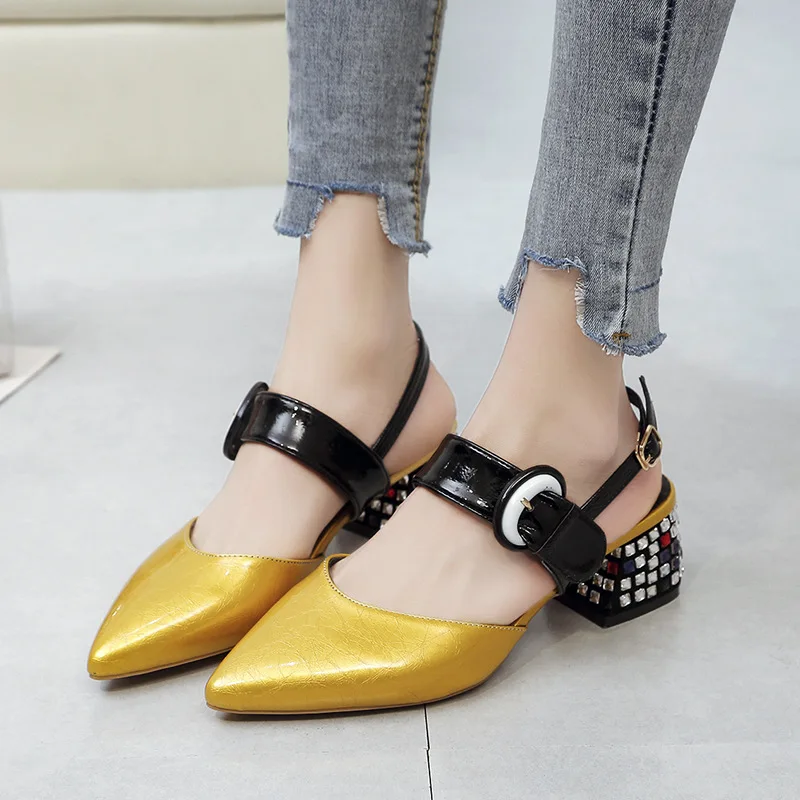 

Summer new fashion colorful rhinestone word buckle with sandals female thick with baotou with pointed toe women's shoes