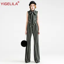 

YIGELILA Brand 5278 Latest Autumn Women Fashion Sleeveless Bow Collar Striped Full Length Jumpsuit