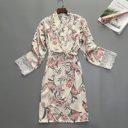 Роковой шелковые пижамы Атласный халат кимоно домашнее платье цветок халат Винтаж сексуальный сна Lounge Элегантный Ночная одежда для женщин
