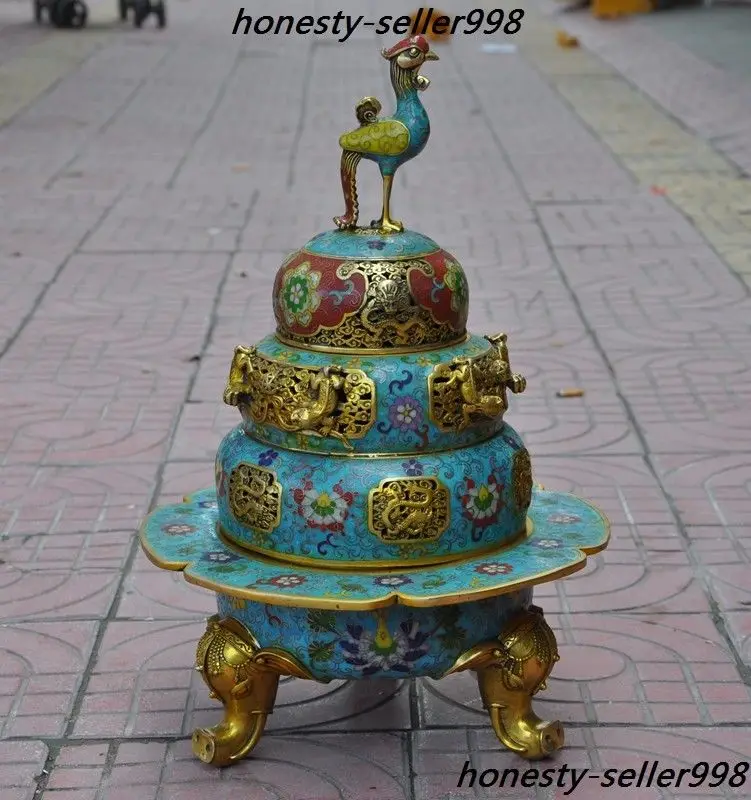 

wedding decoration 20"Old dynasty Bronze gilt Cloisonne Enamel Dragon Phoenix Incense burner Censer