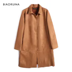 BIAORUINA 3 цвета Для женщин High Street замши однотонный плащ пальто с открытыми швами корейский стиль Женская мода Тренч отложной воротник