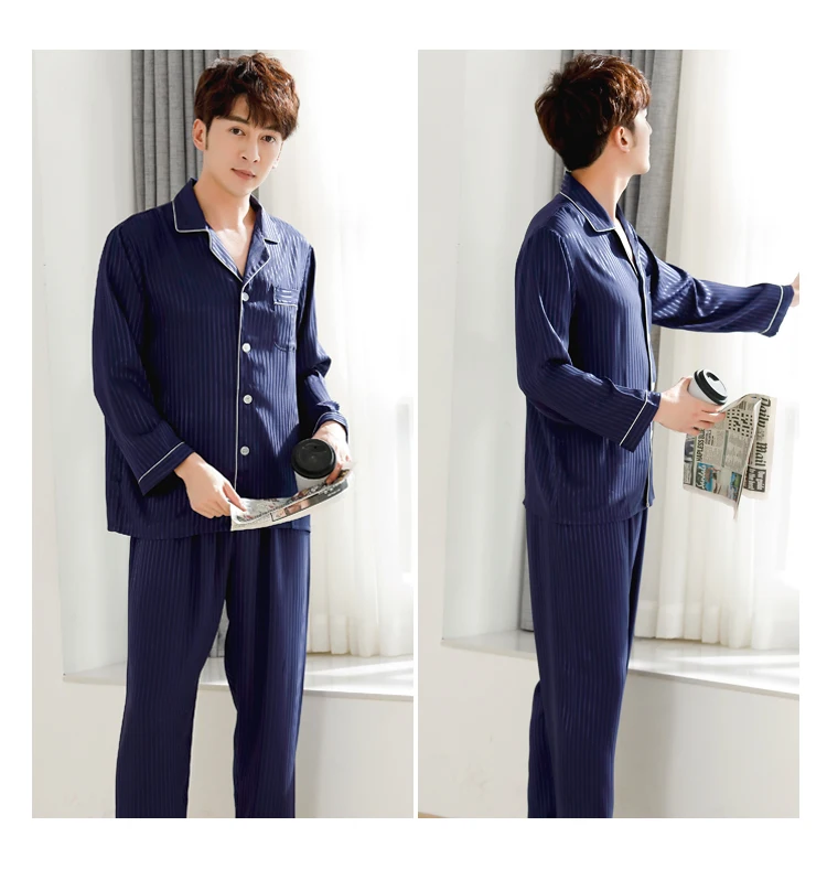 Middle Aged Men's Spring Autumn Pajamas Suits Two Piece Fake Silk Pajama Thin Night Wearing Clothes For Men 2018 New JW330 (4)