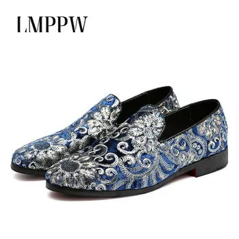 

Europe Style Embroidered Men's Shoes Fashion Party Wedding Men's Loafers Big Size Velvet Slippers Driving Moccasins Shoes Blue