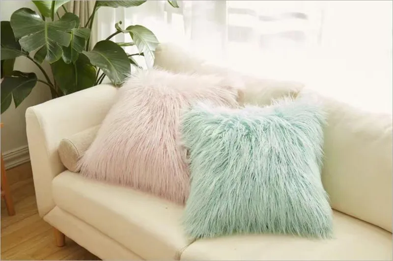 Buy Nordic style fake Wool Cushions Pink Light green Fluff Pillow Back cushion
