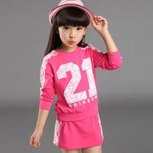 High quality girls two piece crop top and mini skirt clothing sets autumn 2015 unisex kids clothes suit skirt 2~6age