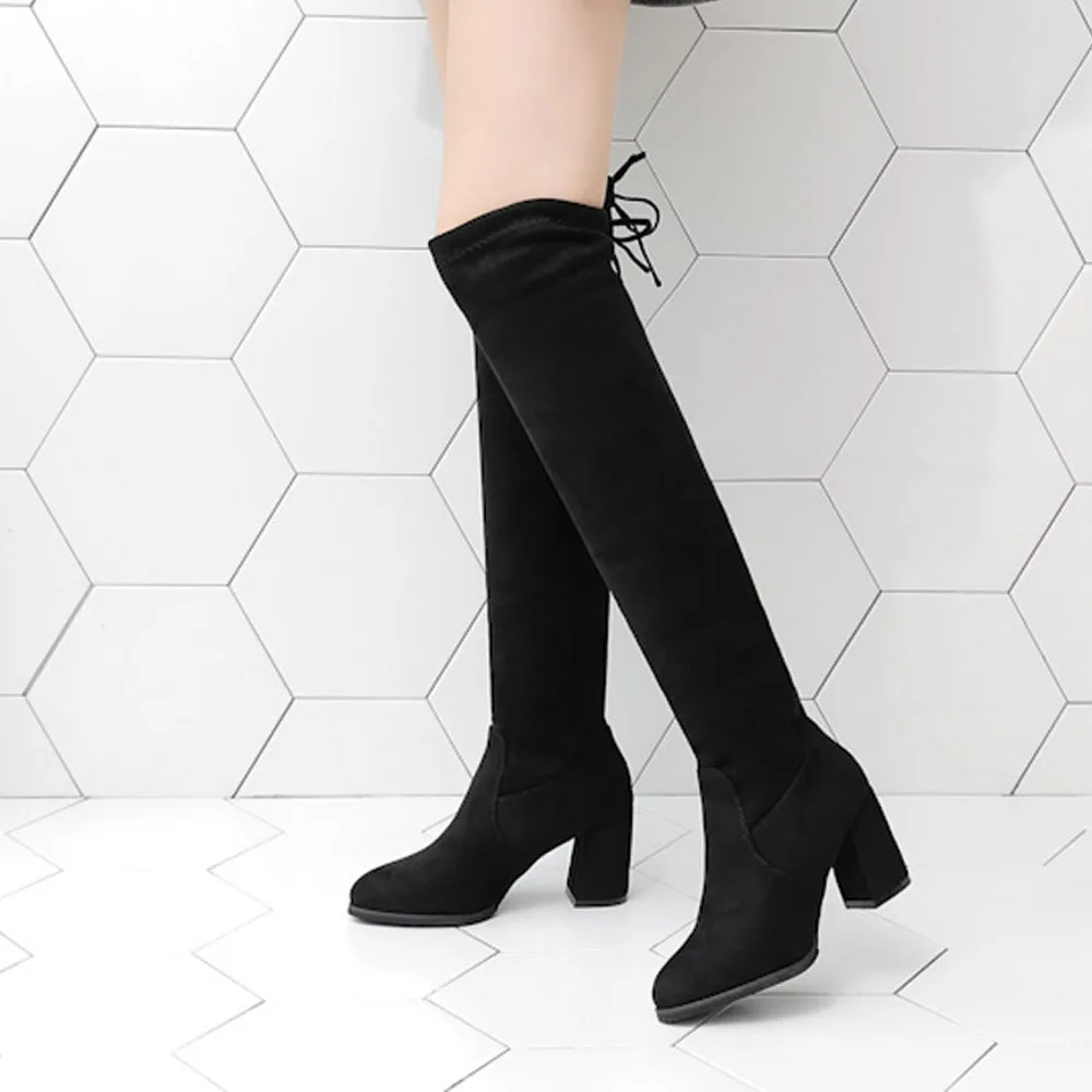 Новые женские ботфорты из флока пикантные женские сапоги на высоком каблуке со шнуровкой теплые зимние сапоги на шнуровке Размеры 35-40