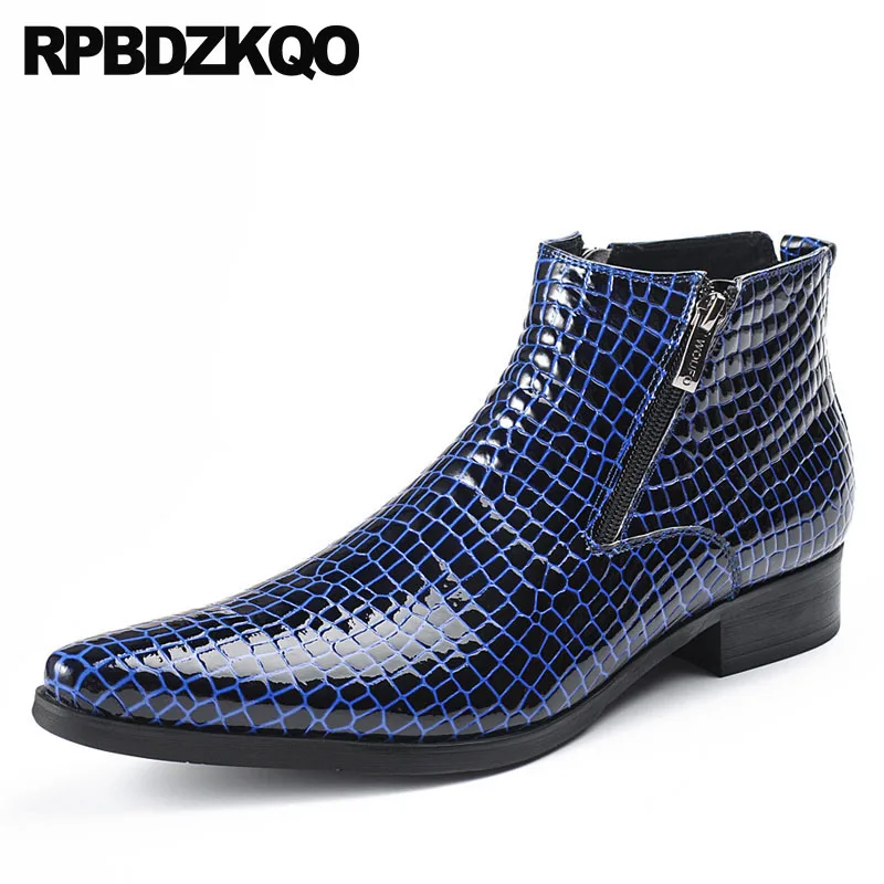 

Chunky Pointed Toe Ankle Full Grain Leather Formal Designer Autumn Shoes 2018 Snakeskin Blue Mens Zipper Dress Boots Booties