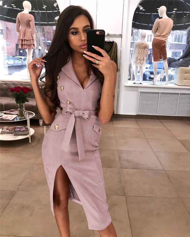 

Sexy Women Casual Sleeveless Bodycon Party Short Mini Dress 2019 New Deep V Neck Button Dress