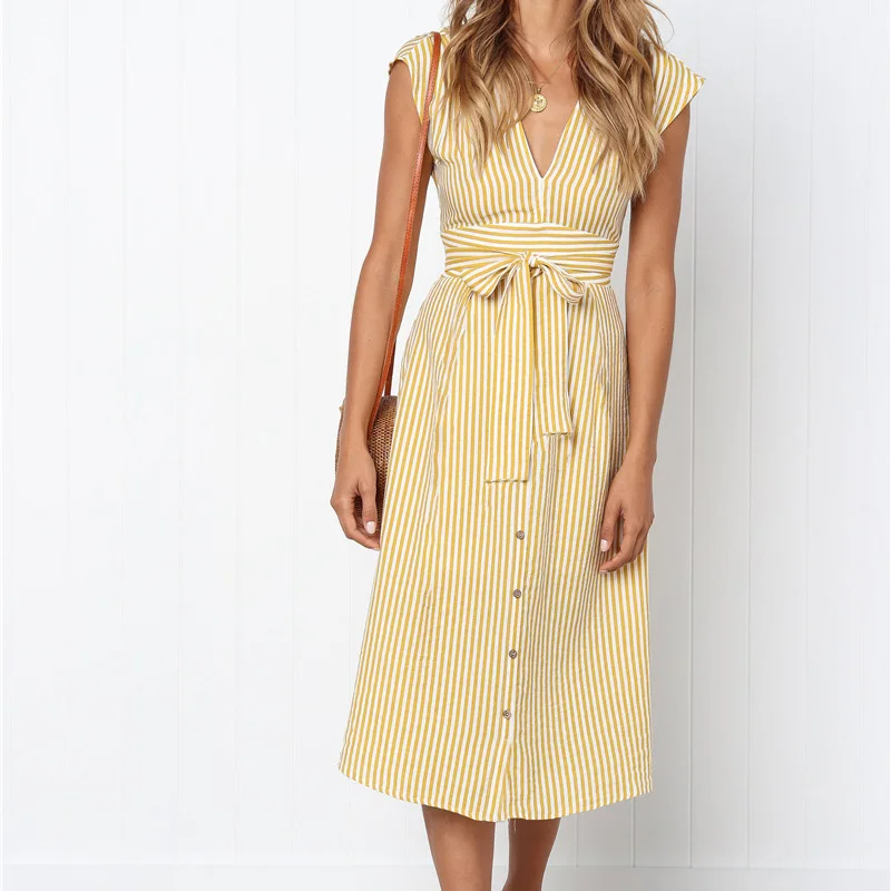 

Vintage Stripe Print Midi Dress Women Elegant Deep V Sash Tie Up Bodycon Dresses Female Summer Streetwear Sundresses 2019