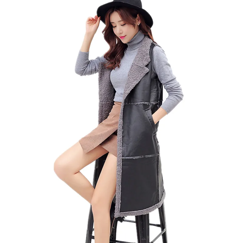 

Plus Velvet Thick Warm Female Vest Winter Long PU Leather Women's Vest Spring Sleeveless Cardigan Leather Waistcoat for Women