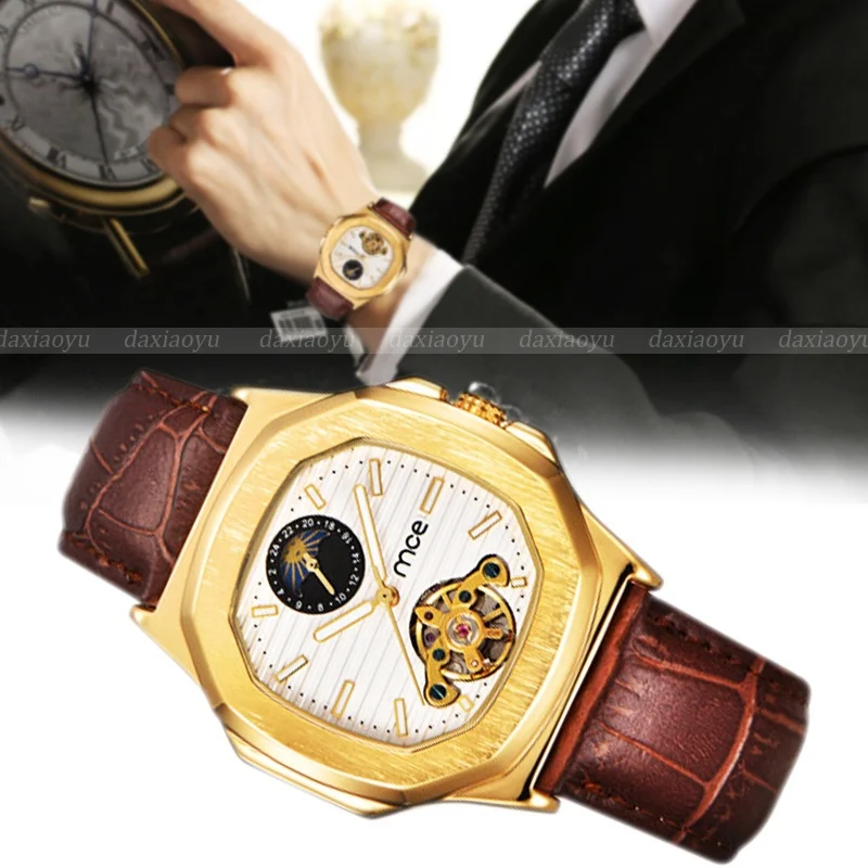 

Mechanical Hand Wind Mens Luxury Business Leather Band Watch With Gift Box
