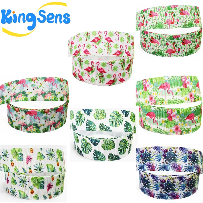 

kingsens 10 & 50yard/lot 25mm cartoon tropical leaf Flamingo pattern printed ribbons hairbow DIY materials package print ribbons