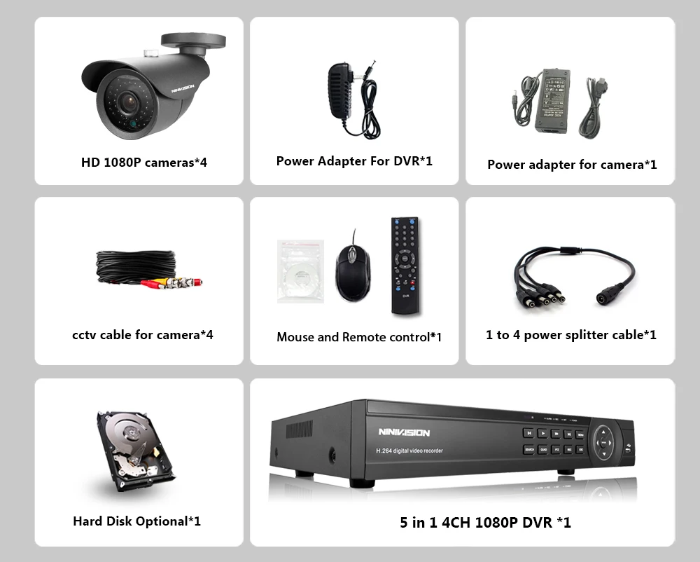 NINIVISION 4CH CCTV Системы 1080P HDMI AHD CCTV DVR 4 шт. 2,0 Мп ИК Открытый безопасности Камера 3000TVL Камера комплект видеонаблюдения