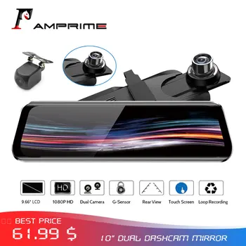 

AMPrime 10" Car DVR Dual Lens Dash Cam Rear View Mirror dash Camera Autoregister ADAS IPS Touch Screen FHD WDR DVRs Car Recorder