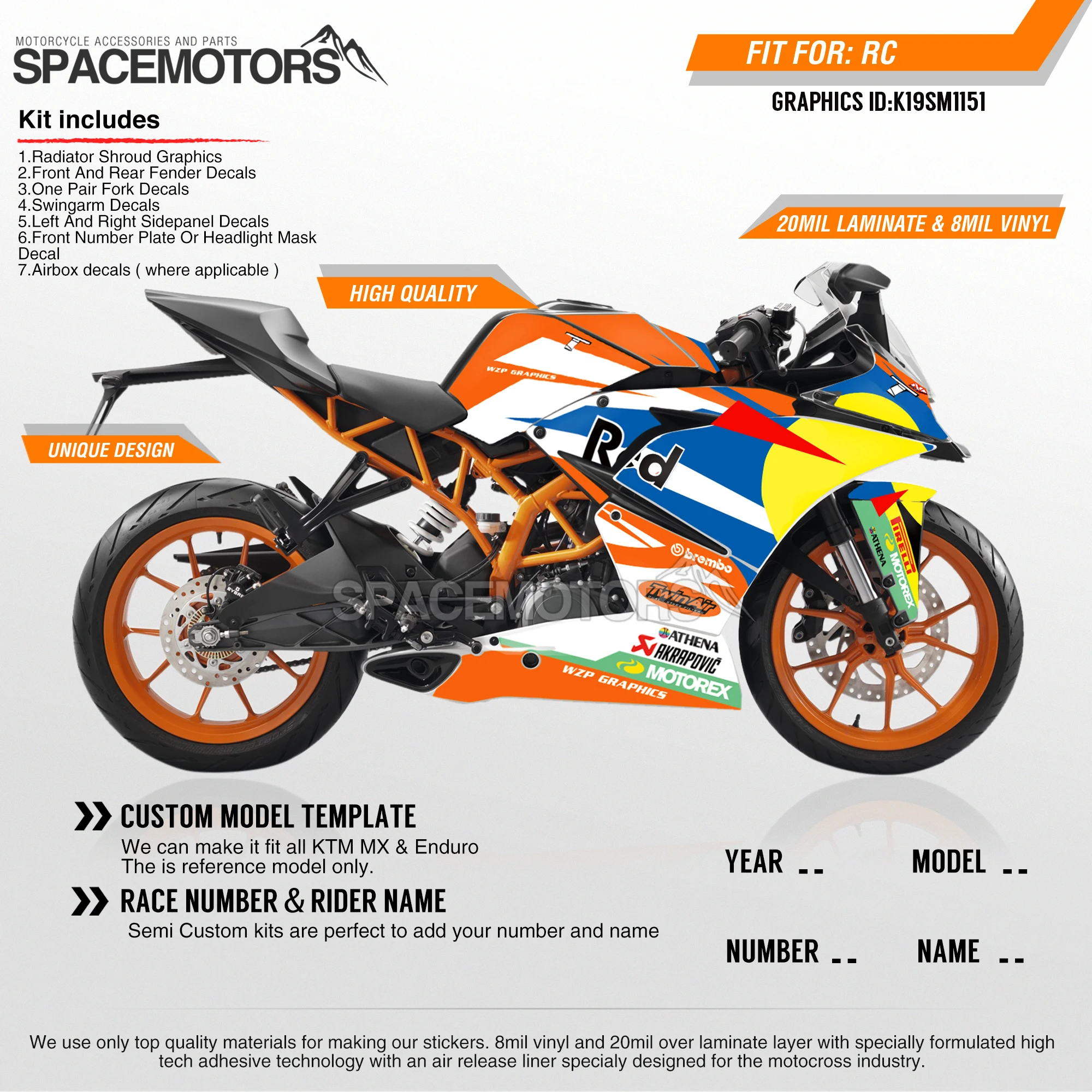 MotoSpace индивидуальные команды Графика Фоны наклейки 3m наклейки на заказ для KTM RC390 151