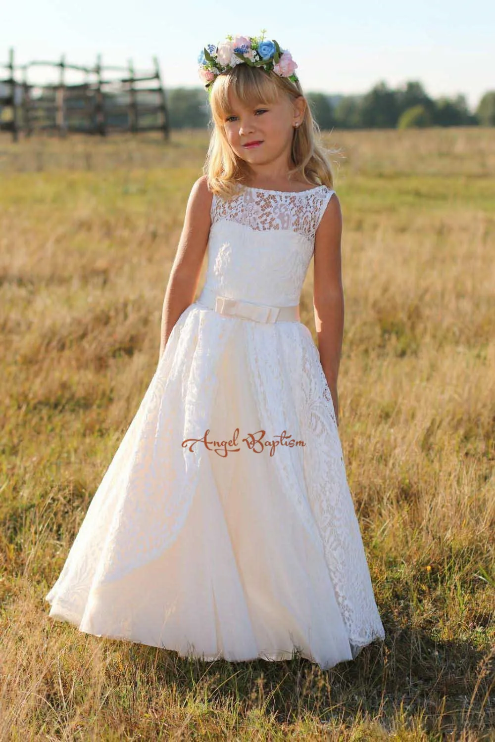 White Ivory Sheer Lace Flower Girl Dress For Country Wedding Floor
