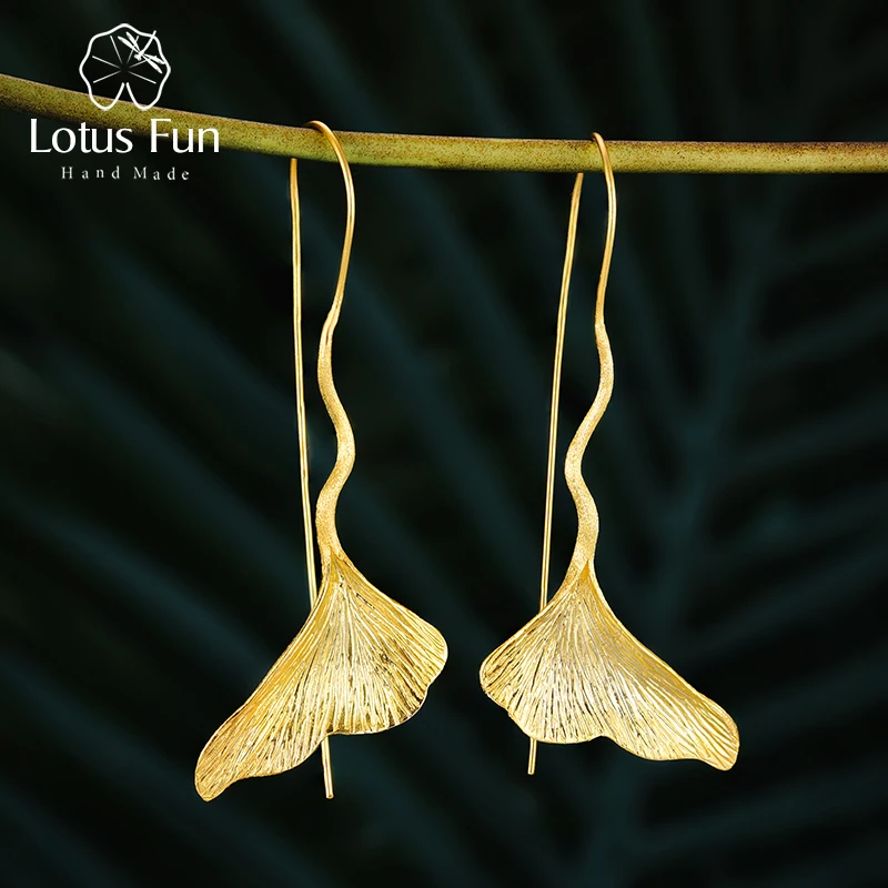 Lotus Fun Реальные Стерлингового Серебра 925 Природных Ручной Дизайнер Ювелирных Украшений Старинные Гинкго Листьев Падение Серьги для Женщин Brincos - изображение