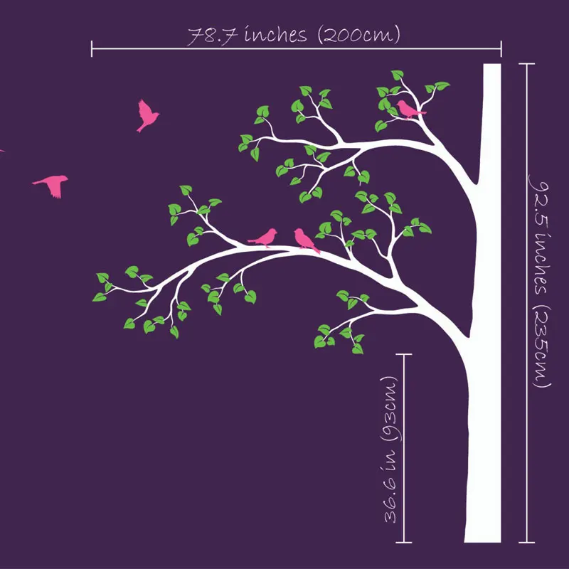 Large Size Corner White Tree With Leaves And Birds Wall Sticker Vinyl Home Decor Nursery Kids Baby Bedroom Decals Murals 3522