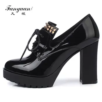 

Fanyuan New Spring Autumn Thick High Heeled Pumps Woman Round Toe Lace up shoes Female Platform Shoes Casual Office Lady