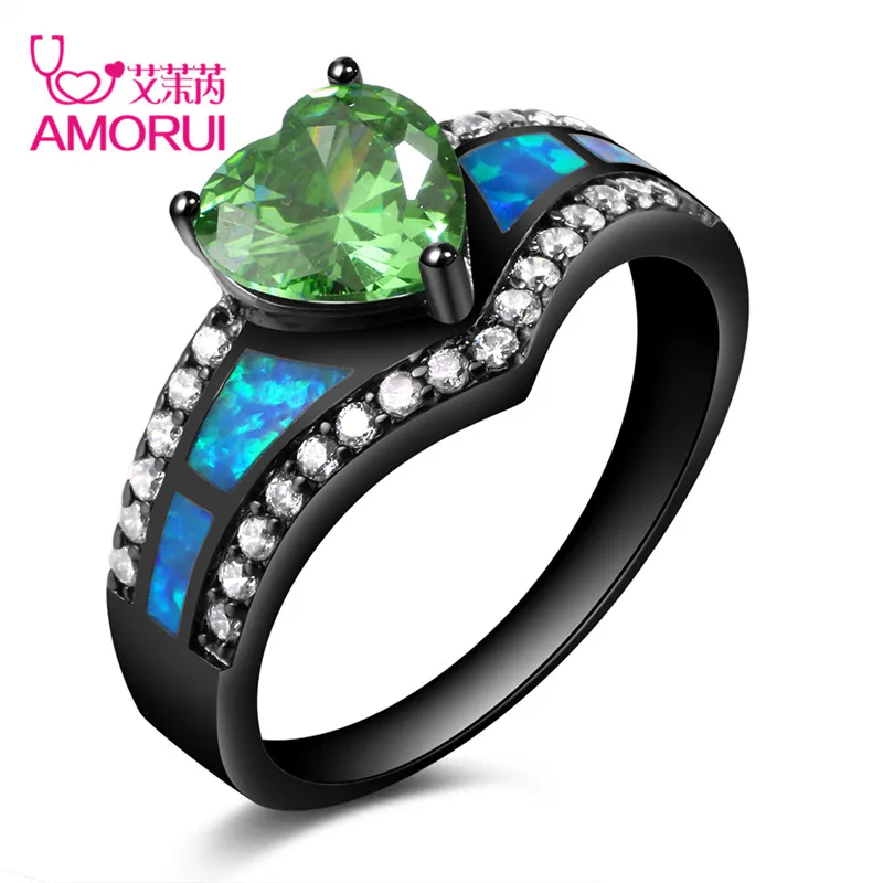 Aug Green AMORUI, винтажная черная золотая, Радужная, фиолетовая, зеленая, синяя, CZ камень, сердце, обручальные кольца для женщин, модное кольцо с опалом, ювелирное изделие, подарок - Цвет основного камня: Aug Green