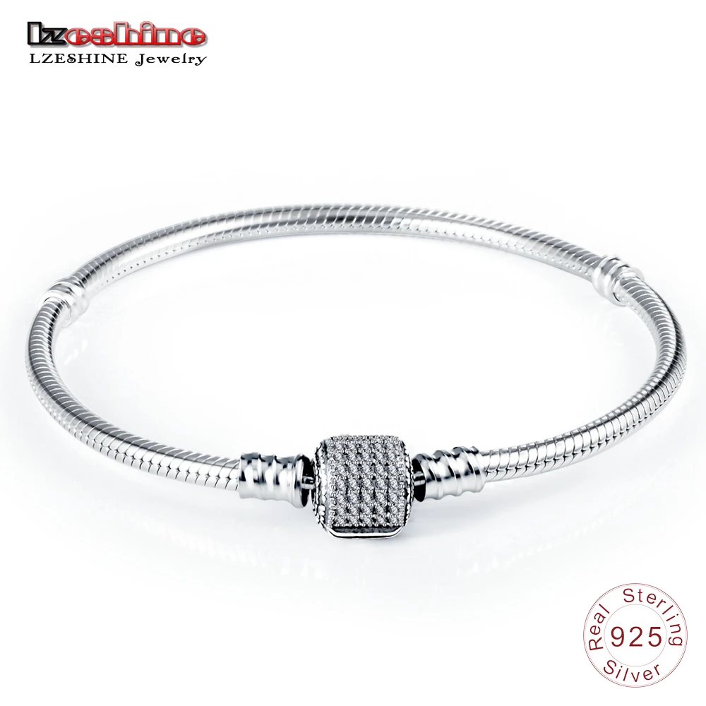 

LZESHINE Authentic 100% 925 Sterling Silver Basic Chain with CZ Snake Clasp fit Charm Bracelets & Bangles Fine Jewelry 0013