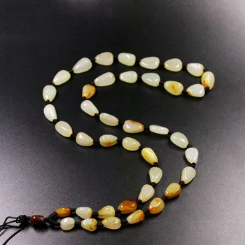 

Hand-made Xinjiang Hetian yu Necklace yuLanyard seed material original stone beads with yellow yu Pendant