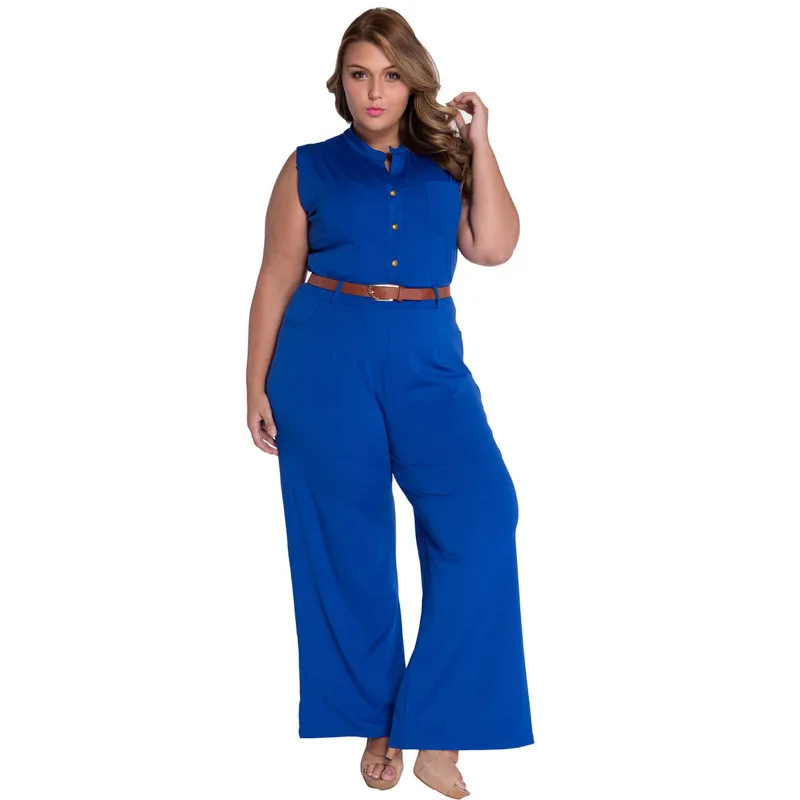 7 Colors Fashion Big Women Sleeveless Maxi Overalls Belted Wide Leg Jumpsuit Plus Size Macacao