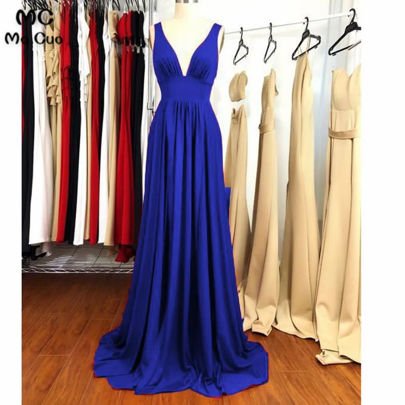 2018 Royer синие вечерние платья Длинные Vestido Longo шифон без рукавов развертки поезд глубокий v-образный вырез Тюль Формальное вечернее платье
