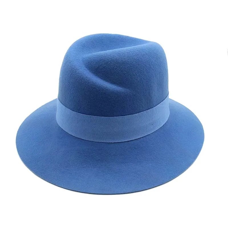 QPALCR винтажная шерстяная шляпа шапки для мужчин и женщин Твердые широкие полями синие фетровые шляпы высокого качества повседневные формальные розовые Топпер Панама шляпа - Цвет: Синий