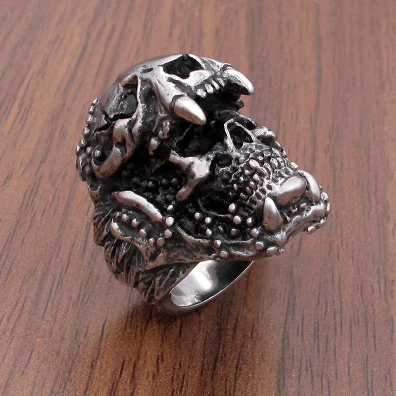 

Punk 316L Stainless Steel Silver White and Black Indian Jaguar Warrior Skull Head Vintage Ring Jewelry