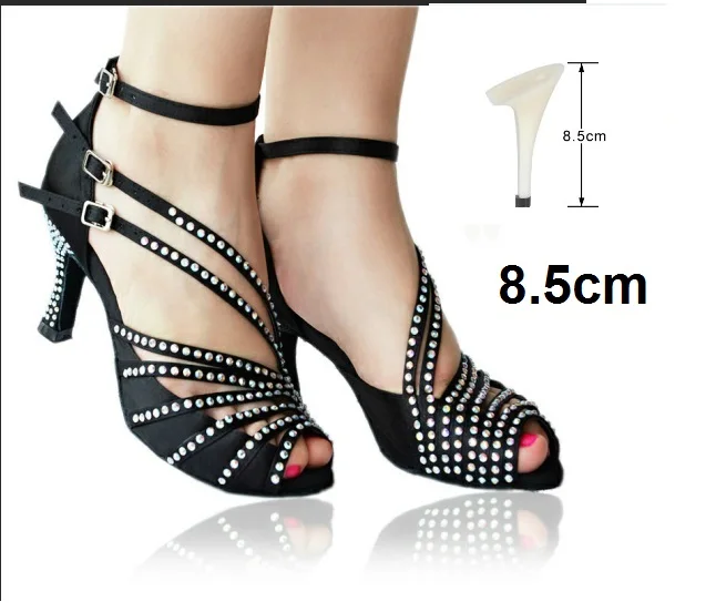 Черные/телесные стразы, женская обувь для латинских бальных танцев, сальса, танго, Бачата, вечерние туфли на высоком каблуке 7,5 см, 1799 - Цвет: Black 8.5cm