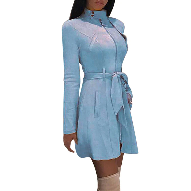 Women Coat 2018 New Hot Sale Fashion Casual Solid Turtleneck Zipper Bow Bandage Windbreaker Long Coat Outerwear Overcoat #O09 (3)