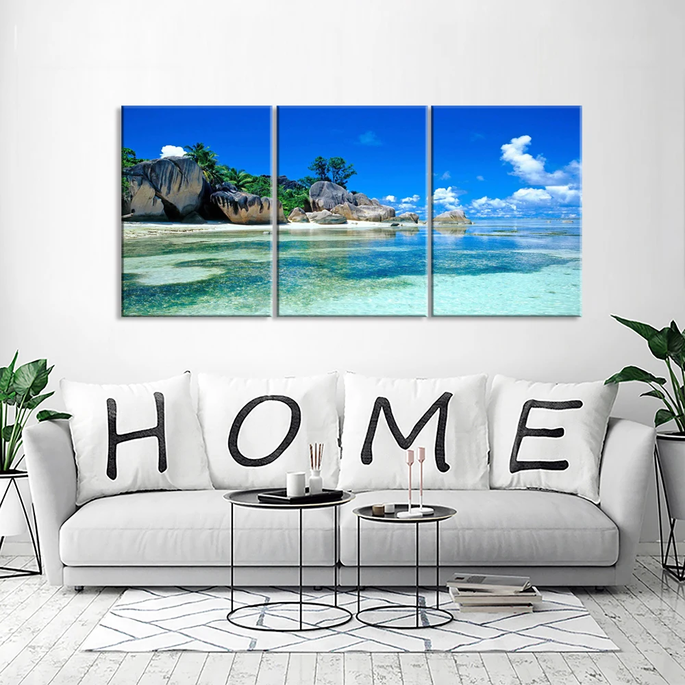 Картины из холста 3 шт. обои Tropica Bule Sea Sand пляжные камни на холсте Печать фото в