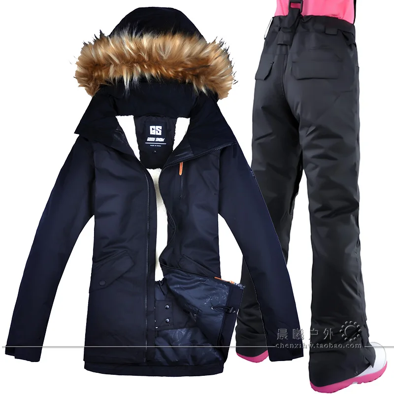 Gsou зимние женские лыжные штаны, куртка, одноцветная зимняя куртка, штаны с меховым капюшоном, сноуборд, костюмы, сноуборд, пальто, брюки, зимняя одежда - Цвет: black black