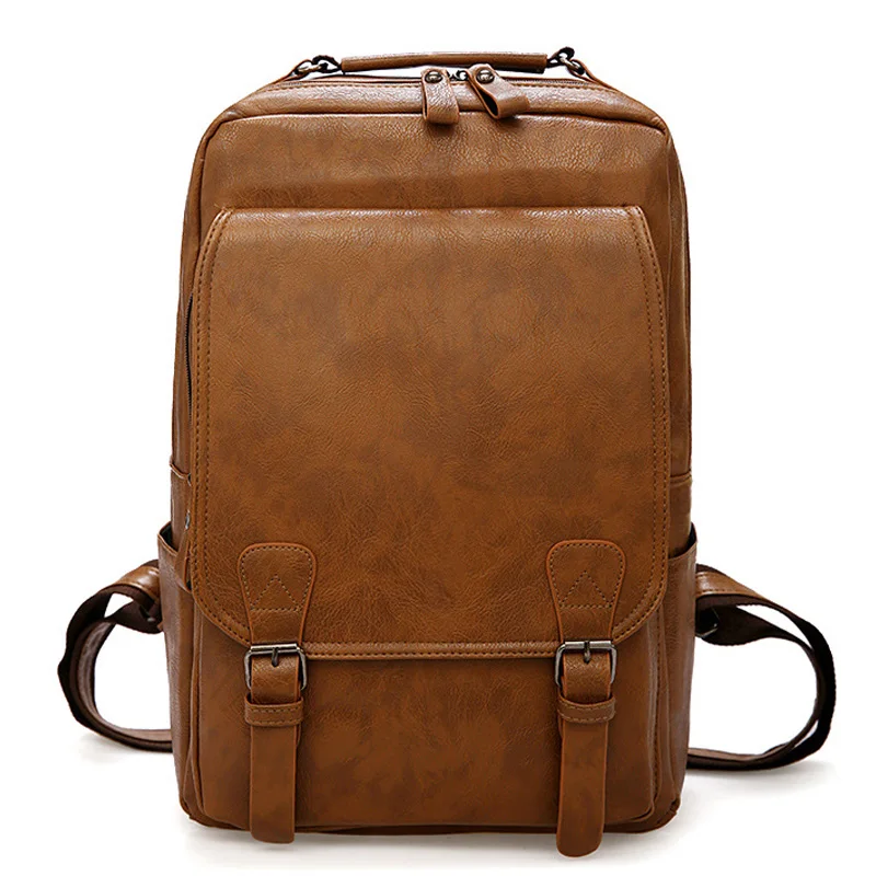 

Vintage Men Backpack Waterproof Khaki PU Leather Travel bags Man Big Capacity Male Mochila Laptop Teenager Backpacks