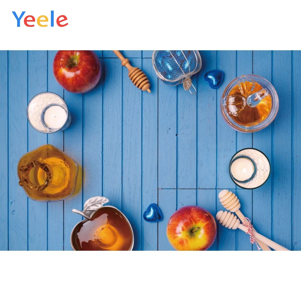 

Yeele Happy Rosh Hashanah Photography Backdrop Shofar Honey Pomegranates Apples Blue Wood Board Background For Photo Studio