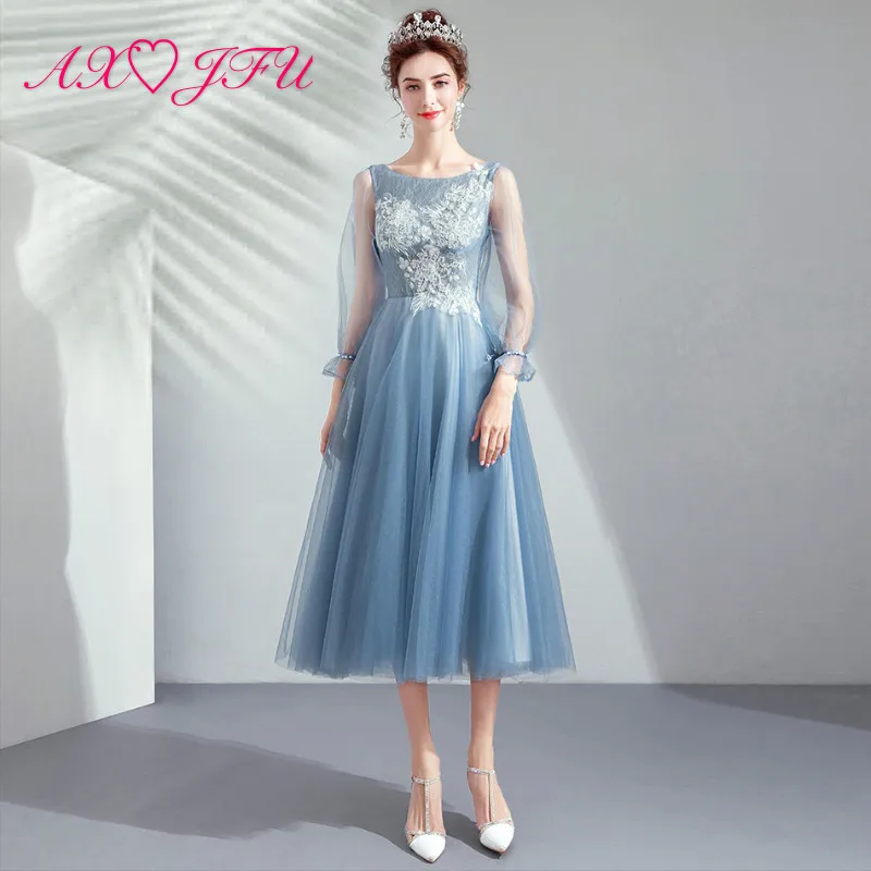 AXJFU принцессы белый цветок синий шнурок роскошное вечернее платье Винтаж Невеста Круглая горловина оборками Вечерние бисером вечернее